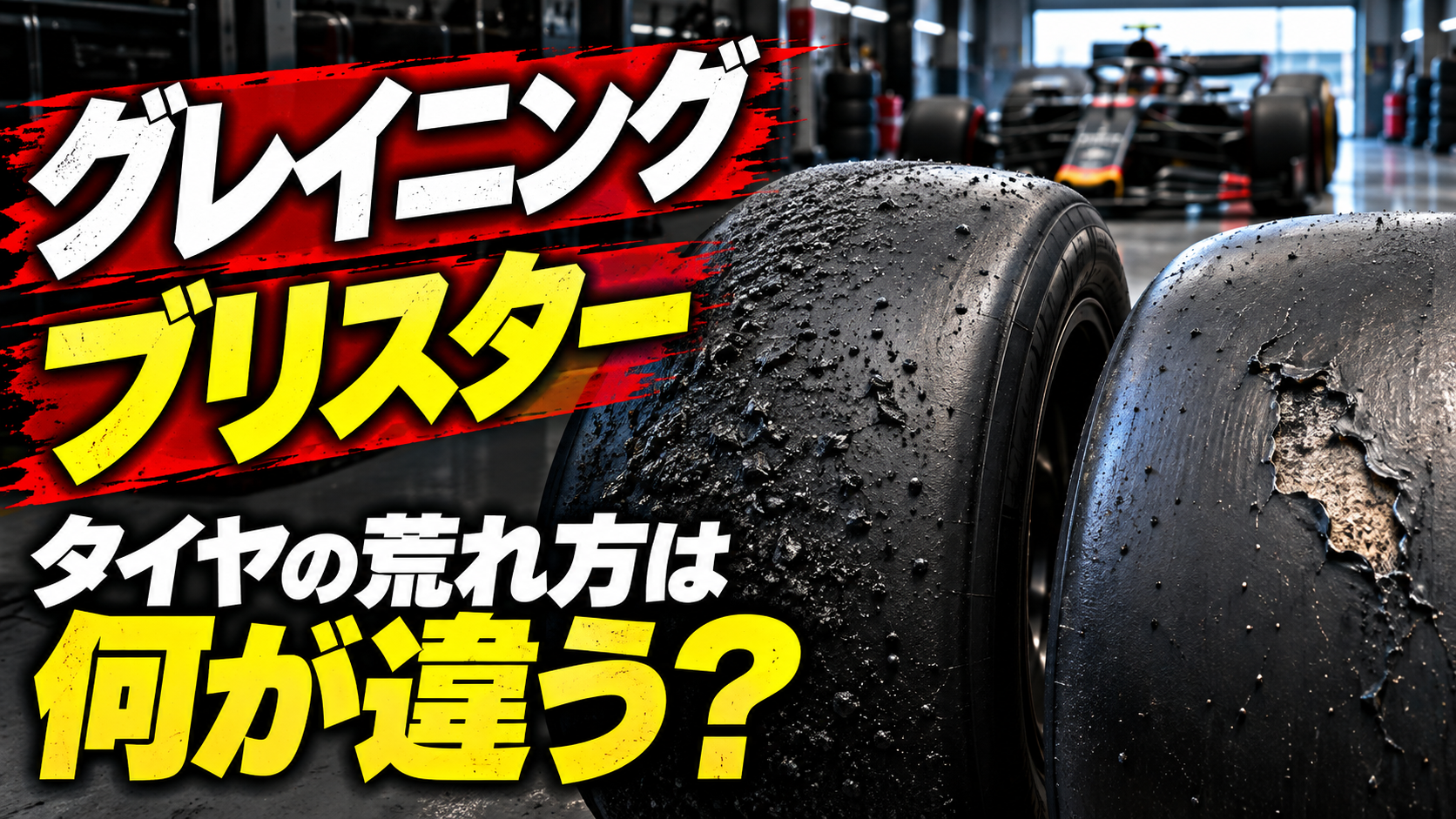 グレイニングとブリスターの違い｜F1タイヤの「荒れ」を見分ける豆知識を表現したAI生成イラスト